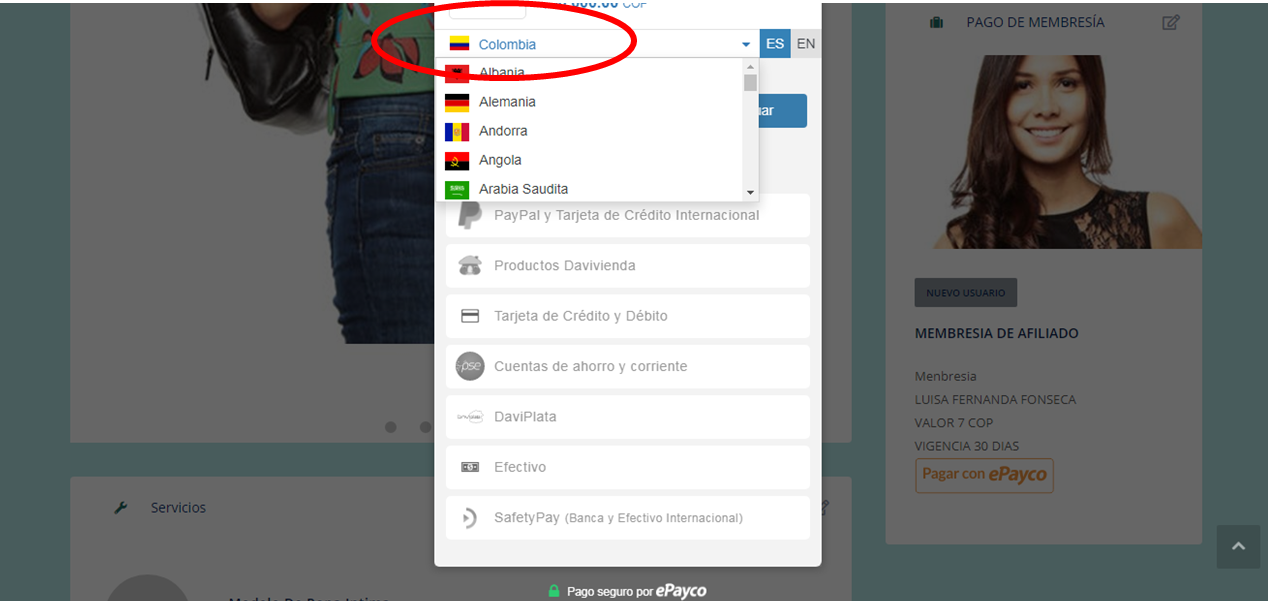 3.	Elegir el país donde se encuentra para saber cuáles opciones de pago tiene a su disposición.